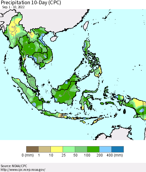 South East Asia Precipitation 10-Day (CPC) Thematic Map For 9/1/2022 - 9/10/2022