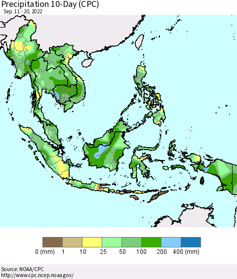 South East Asia Precipitation 10-Day (CPC) Thematic Map For 9/11/2022 - 9/20/2022