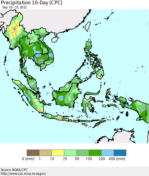 South East Asia Precipitation 10-Day (CPC) Thematic Map For 9/16/2022 - 9/25/2022