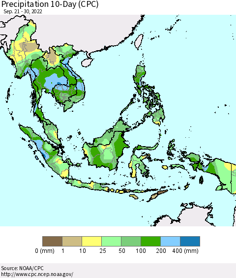 South East Asia Precipitation 10-Day (CPC) Thematic Map For 9/21/2022 - 9/30/2022