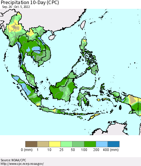 South East Asia Precipitation 10-Day (CPC) Thematic Map For 9/26/2022 - 10/5/2022