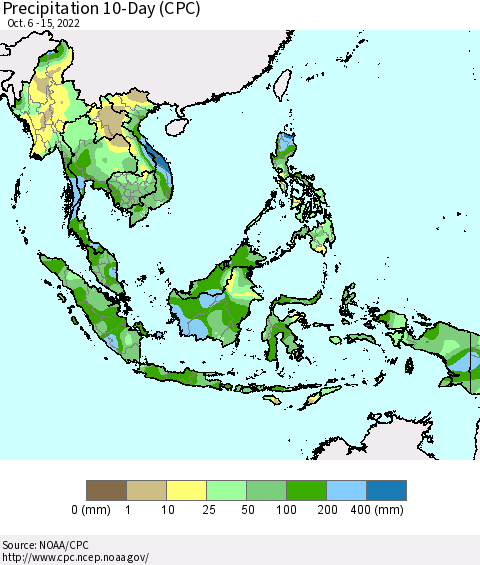 South East Asia Precipitation 10-Day (CPC) Thematic Map For 10/6/2022 - 10/15/2022