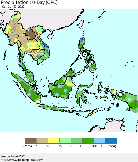South East Asia Precipitation 10-Day (CPC) Thematic Map For 10/11/2022 - 10/20/2022