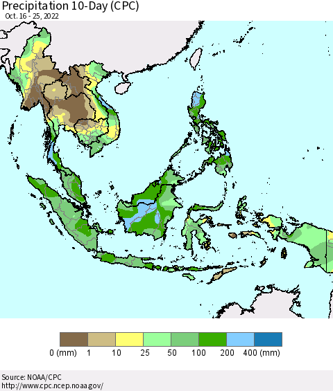South East Asia Precipitation 10-Day (CPC) Thematic Map For 10/16/2022 - 10/25/2022