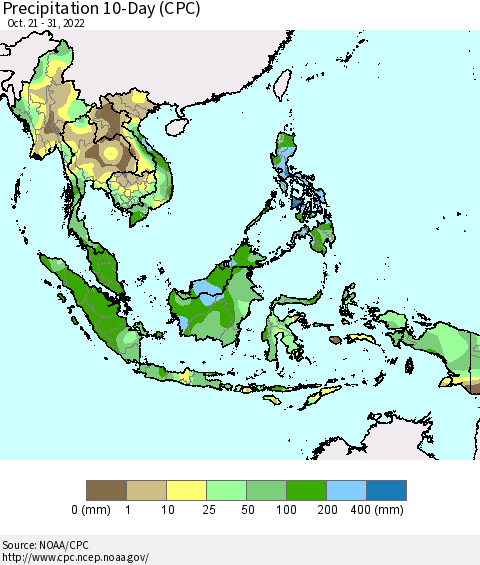 South East Asia Precipitation 10-Day (CPC) Thematic Map For 10/21/2022 - 10/31/2022