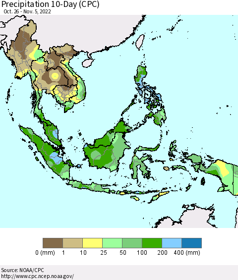 South East Asia Precipitation 10-Day (CPC) Thematic Map For 10/26/2022 - 11/5/2022