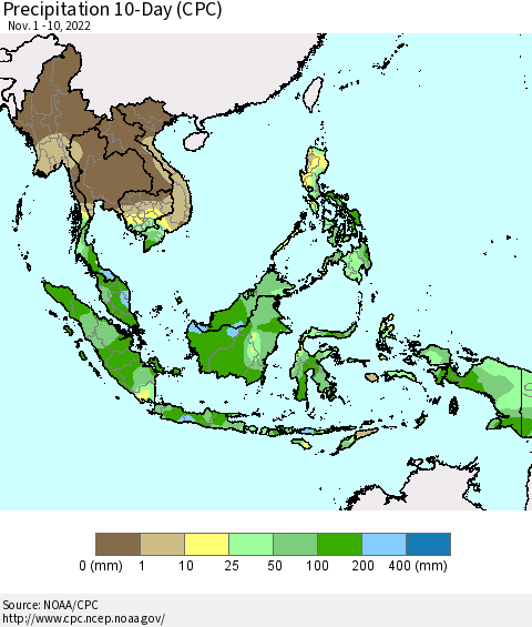 South East Asia Precipitation 10-Day (CPC) Thematic Map For 11/1/2022 - 11/10/2022