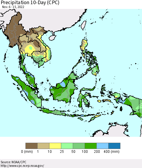 South East Asia Precipitation 10-Day (CPC) Thematic Map For 11/6/2022 - 11/15/2022