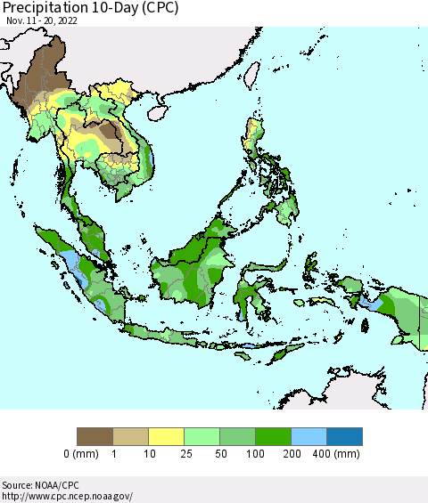 South East Asia Precipitation 10-Day (CPC) Thematic Map For 11/11/2022 - 11/20/2022
