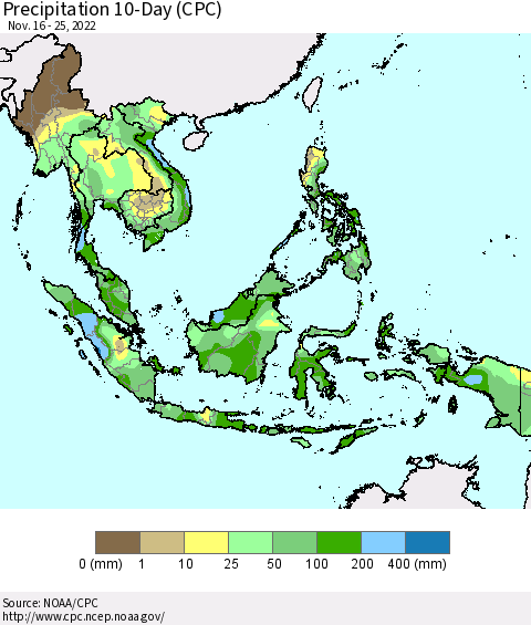 South East Asia Precipitation 10-Day (CPC) Thematic Map For 11/16/2022 - 11/25/2022