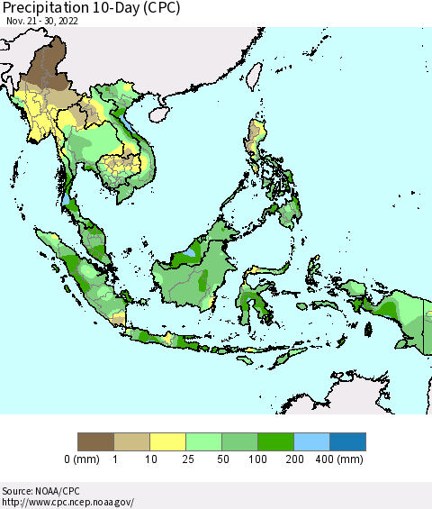 South East Asia Precipitation 10-Day (CPC) Thematic Map For 11/21/2022 - 11/30/2022