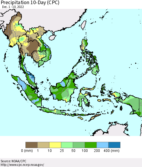 South East Asia Precipitation 10-Day (CPC) Thematic Map For 12/1/2022 - 12/10/2022