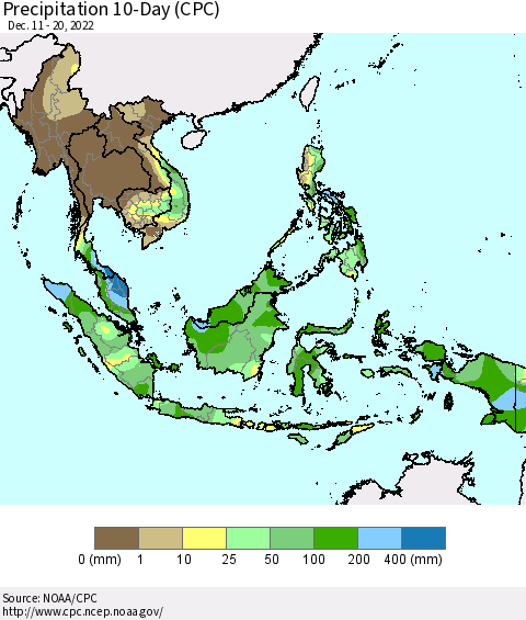 South East Asia Precipitation 10-Day (CPC) Thematic Map For 12/11/2022 - 12/20/2022