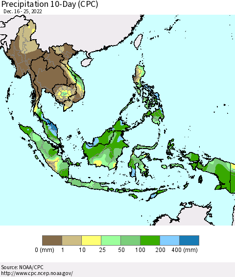 South East Asia Precipitation 10-Day (CPC) Thematic Map For 12/16/2022 - 12/25/2022