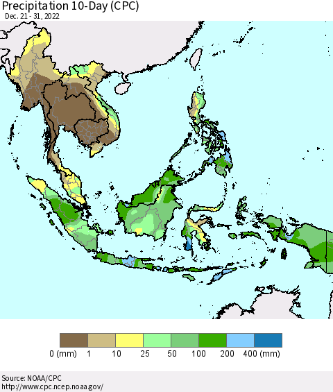 South East Asia Precipitation 10-Day (CPC) Thematic Map For 12/21/2022 - 12/31/2022