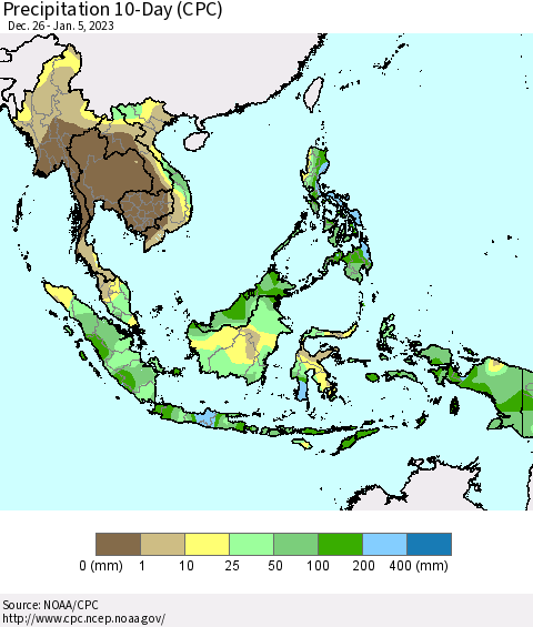 South East Asia Precipitation 10-Day (CPC) Thematic Map For 12/26/2022 - 1/5/2023