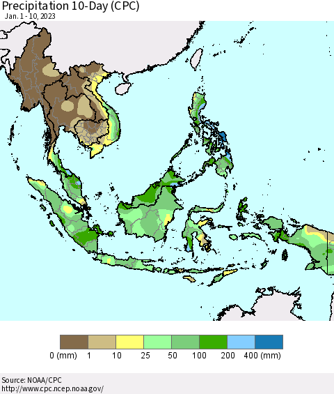 South East Asia Precipitation 10-Day (CPC) Thematic Map For 1/1/2023 - 1/10/2023