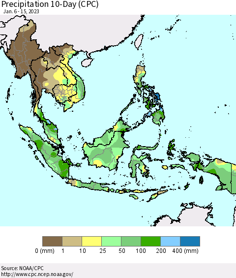 South East Asia Precipitation 10-Day (CPC) Thematic Map For 1/6/2023 - 1/15/2023