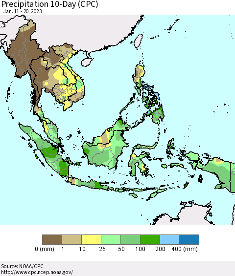 South East Asia Precipitation 10-Day (CPC) Thematic Map For 1/11/2023 - 1/20/2023