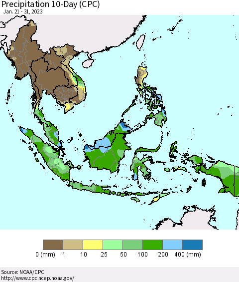 South East Asia Precipitation 10-Day (CPC) Thematic Map For 1/21/2023 - 1/31/2023