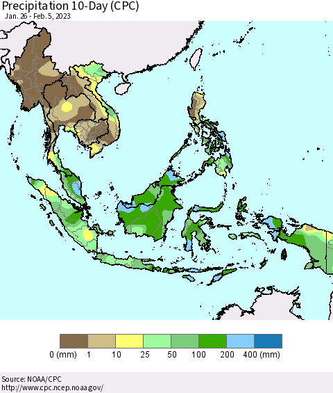 South East Asia Precipitation 10-Day (CPC) Thematic Map For 1/26/2023 - 2/5/2023