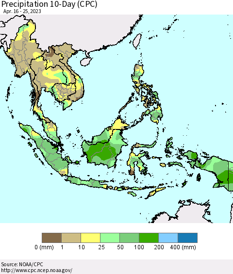 South East Asia Precipitation 10-Day (CPC) Thematic Map For 4/16/2023 - 4/25/2023