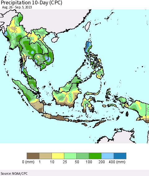 South East Asia Precipitation 10-Day (CPC) Thematic Map For 8/26/2023 - 9/5/2023