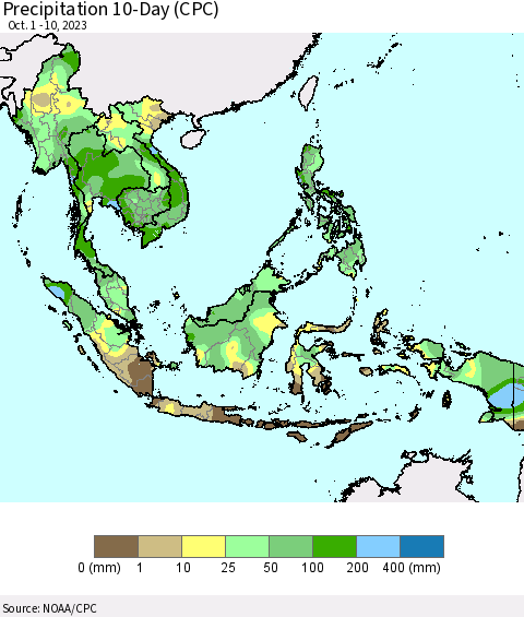 South East Asia Precipitation 10-Day (CPC) Thematic Map For 10/1/2023 - 10/10/2023