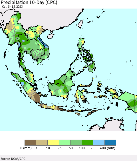 South East Asia Precipitation 10-Day (CPC) Thematic Map For 10/6/2023 - 10/15/2023