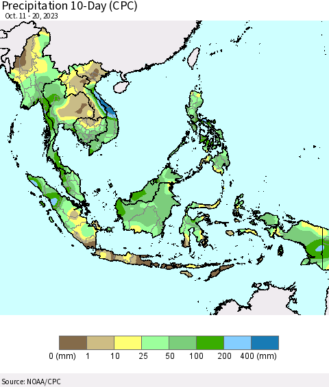 South East Asia Precipitation 10-Day (CPC) Thematic Map For 10/11/2023 - 10/20/2023