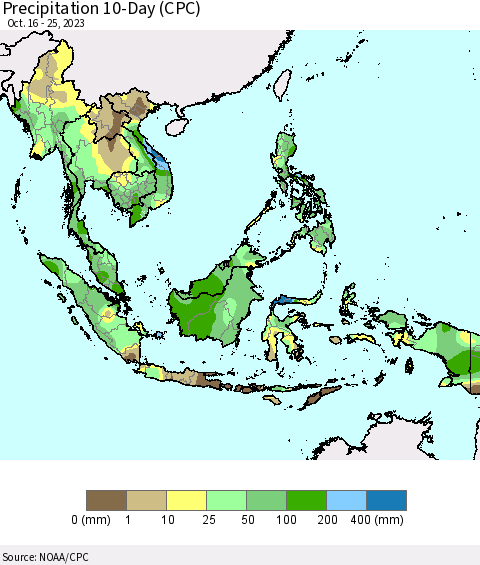 South East Asia Precipitation 10-Day (CPC) Thematic Map For 10/16/2023 - 10/25/2023