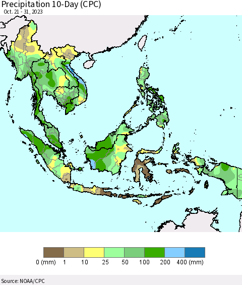 South East Asia Precipitation 10-Day (CPC) Thematic Map For 10/21/2023 - 10/31/2023