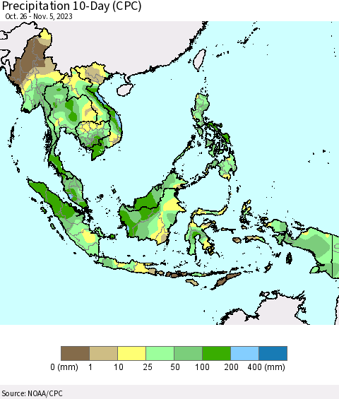 South East Asia Precipitation 10-Day (CPC) Thematic Map For 10/26/2023 - 11/5/2023
