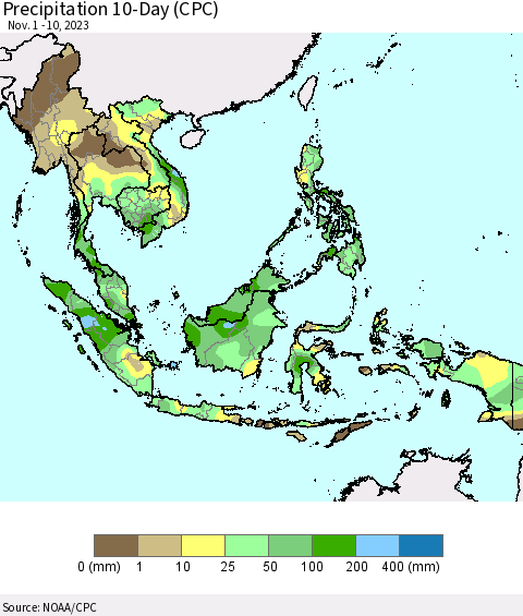 South East Asia Precipitation 10-Day (CPC) Thematic Map For 11/1/2023 - 11/10/2023