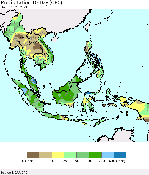 South East Asia Precipitation 10-Day (CPC) Thematic Map For 11/11/2023 - 11/20/2023