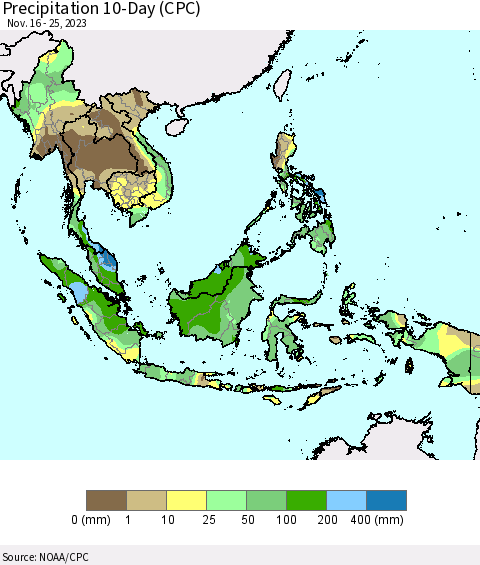 South East Asia Precipitation 10-Day (CPC) Thematic Map For 11/16/2023 - 11/25/2023