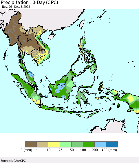 South East Asia Precipitation 10-Day (CPC) Thematic Map For 11/26/2023 - 12/5/2023