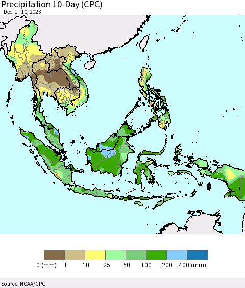 South East Asia Precipitation 10-Day (CPC) Thematic Map For 12/1/2023 - 12/10/2023