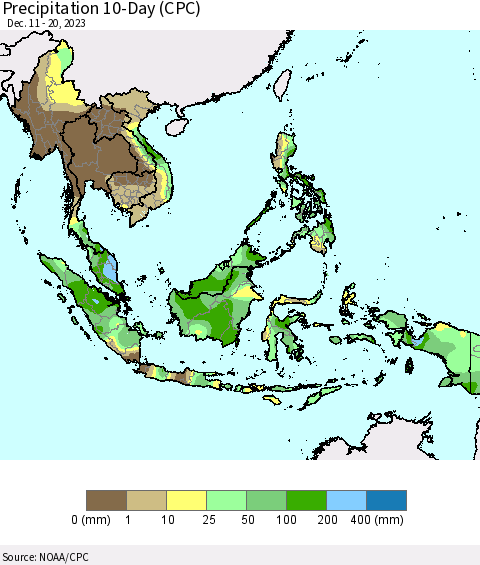 South East Asia Precipitation 10-Day (CPC) Thematic Map For 12/11/2023 - 12/20/2023