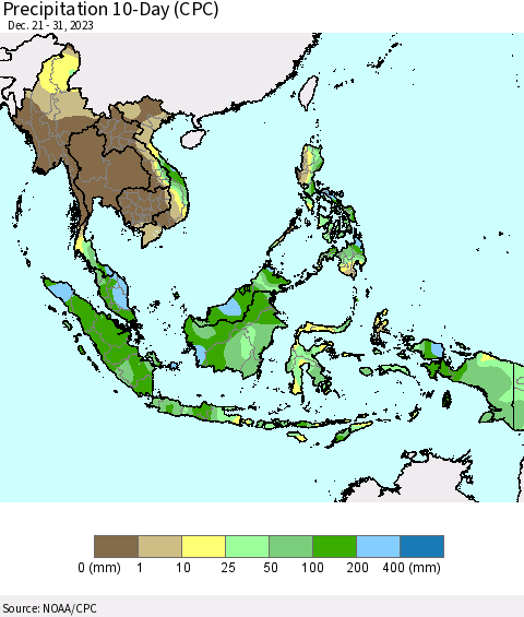 South East Asia Precipitation 10-Day (CPC) Thematic Map For 12/21/2023 - 12/31/2023