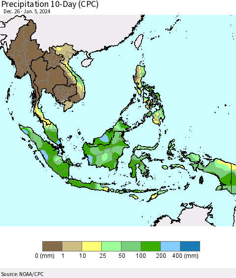 South East Asia Precipitation 10-Day (CPC) Thematic Map For 12/26/2023 - 1/5/2024