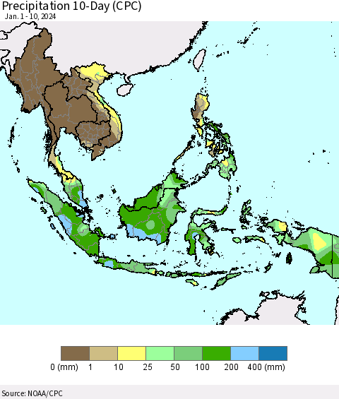 South East Asia Precipitation 10-Day (CPC) Thematic Map For 1/1/2024 - 1/10/2024