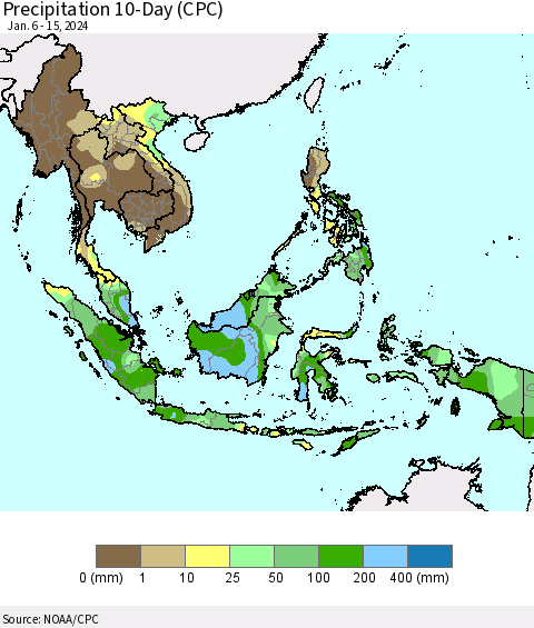 South East Asia Precipitation 10-Day (CPC) Thematic Map For 1/6/2024 - 1/15/2024