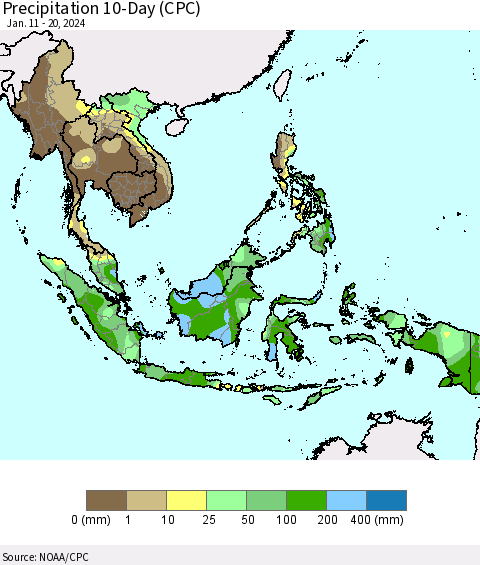 South East Asia Precipitation 10-Day (CPC) Thematic Map For 1/11/2024 - 1/20/2024