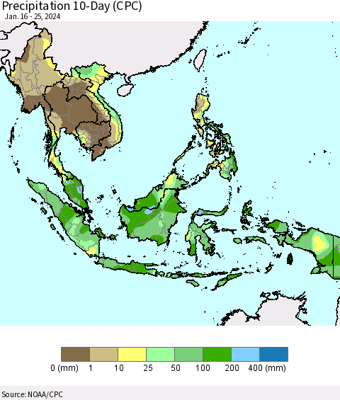 South East Asia Precipitation 10-Day (CPC) Thematic Map For 1/16/2024 - 1/25/2024