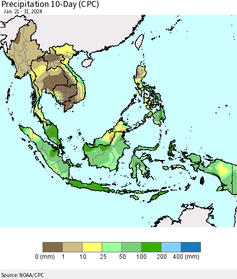 South East Asia Precipitation 10-Day (CPC) Thematic Map For 1/21/2024 - 1/31/2024