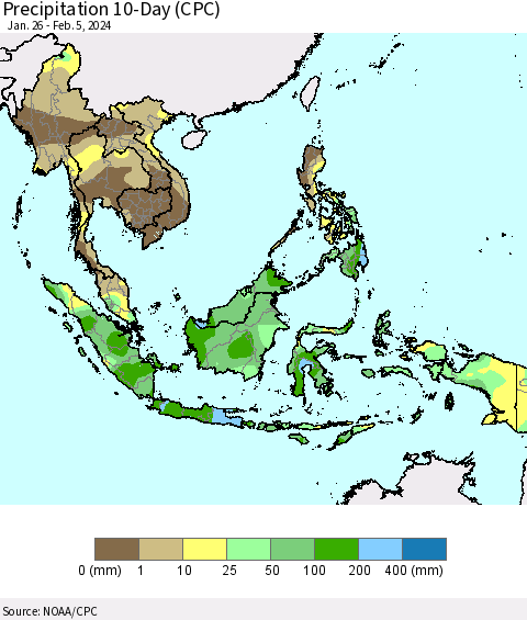 South East Asia Precipitation 10-Day (CPC) Thematic Map For 1/26/2024 - 2/5/2024