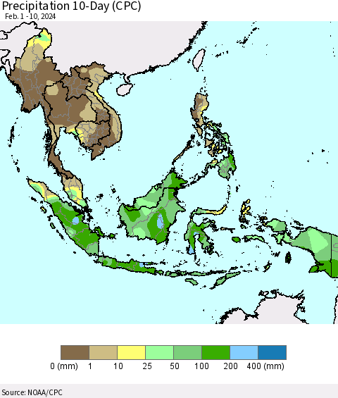 South East Asia Precipitation 10-Day (CPC) Thematic Map For 2/1/2024 - 2/10/2024