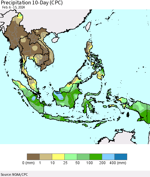 South East Asia Precipitation 10-Day (CPC) Thematic Map For 2/6/2024 - 2/15/2024