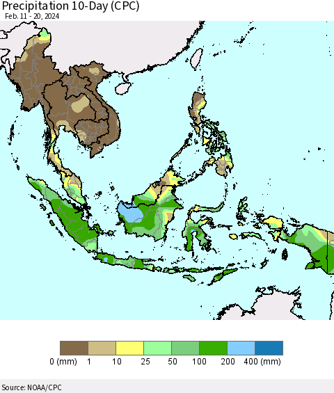 South East Asia Precipitation 10-Day (CPC) Thematic Map For 2/11/2024 - 2/20/2024